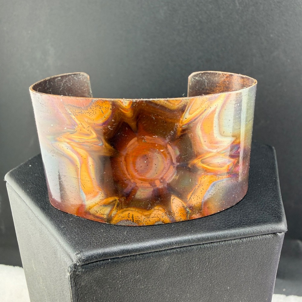 Vintage Copper Cuff Bracelet Multicolor Flame Painted Artist Signed Size 6"
